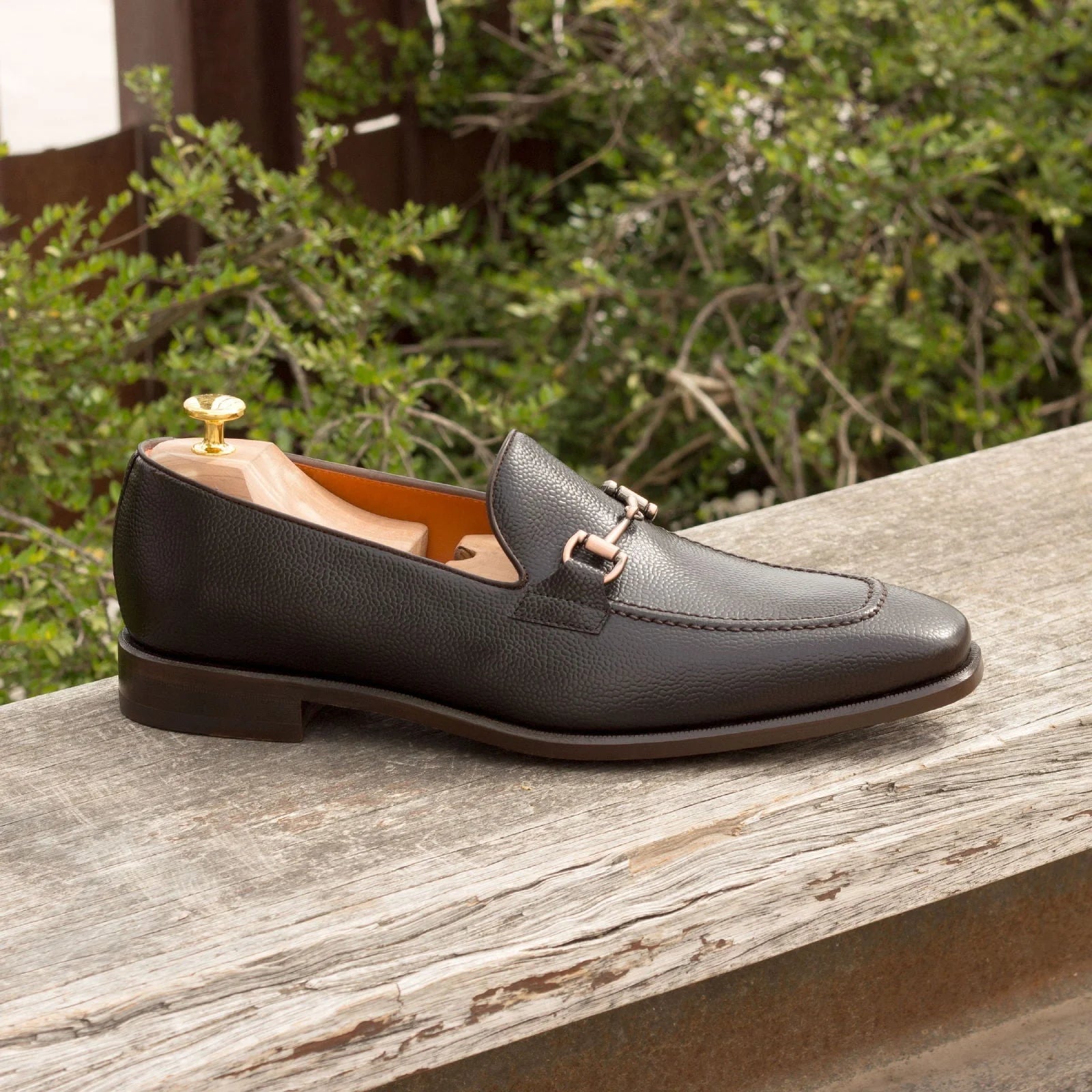 Trilo Loafers classic black leather with gold buckle and dark brown painted calf leather sole