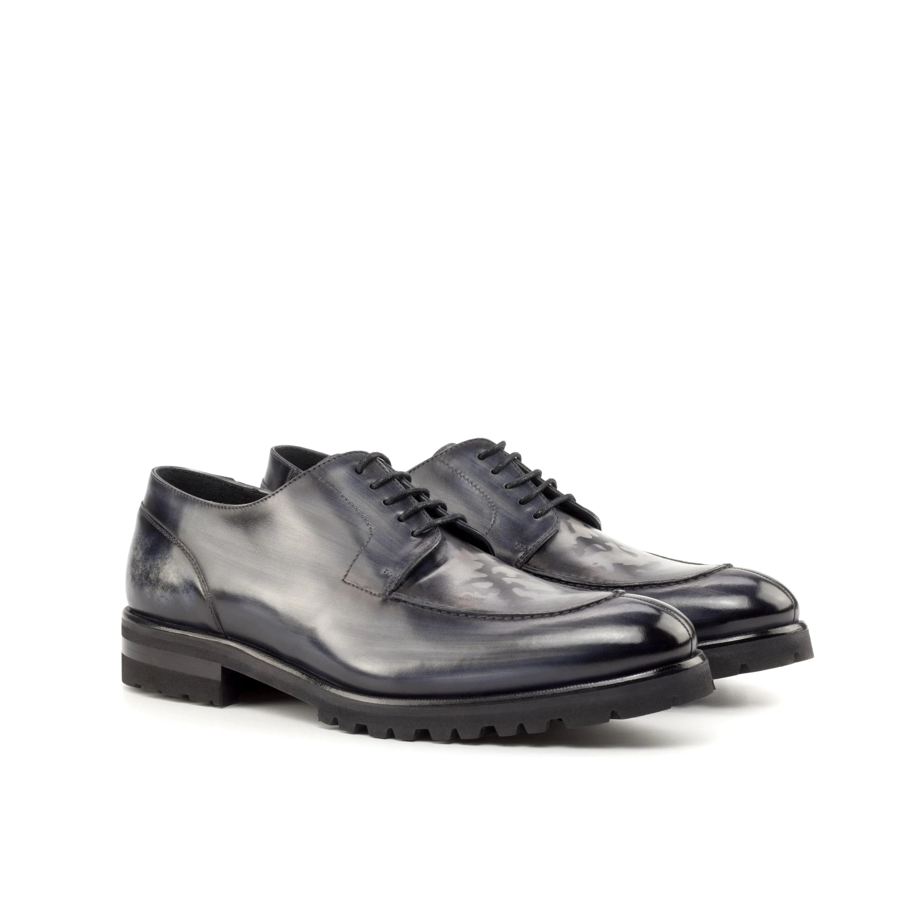 Vega derby split toe patina shoes: pair of black leather dress shoes