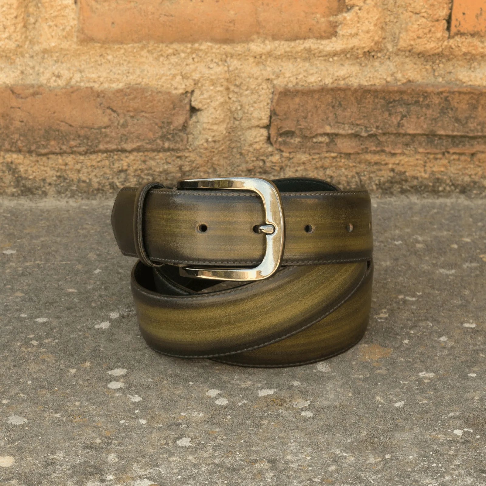 Vito Patina Hampton khaki crust patina belt in olive green leather with silver buckle