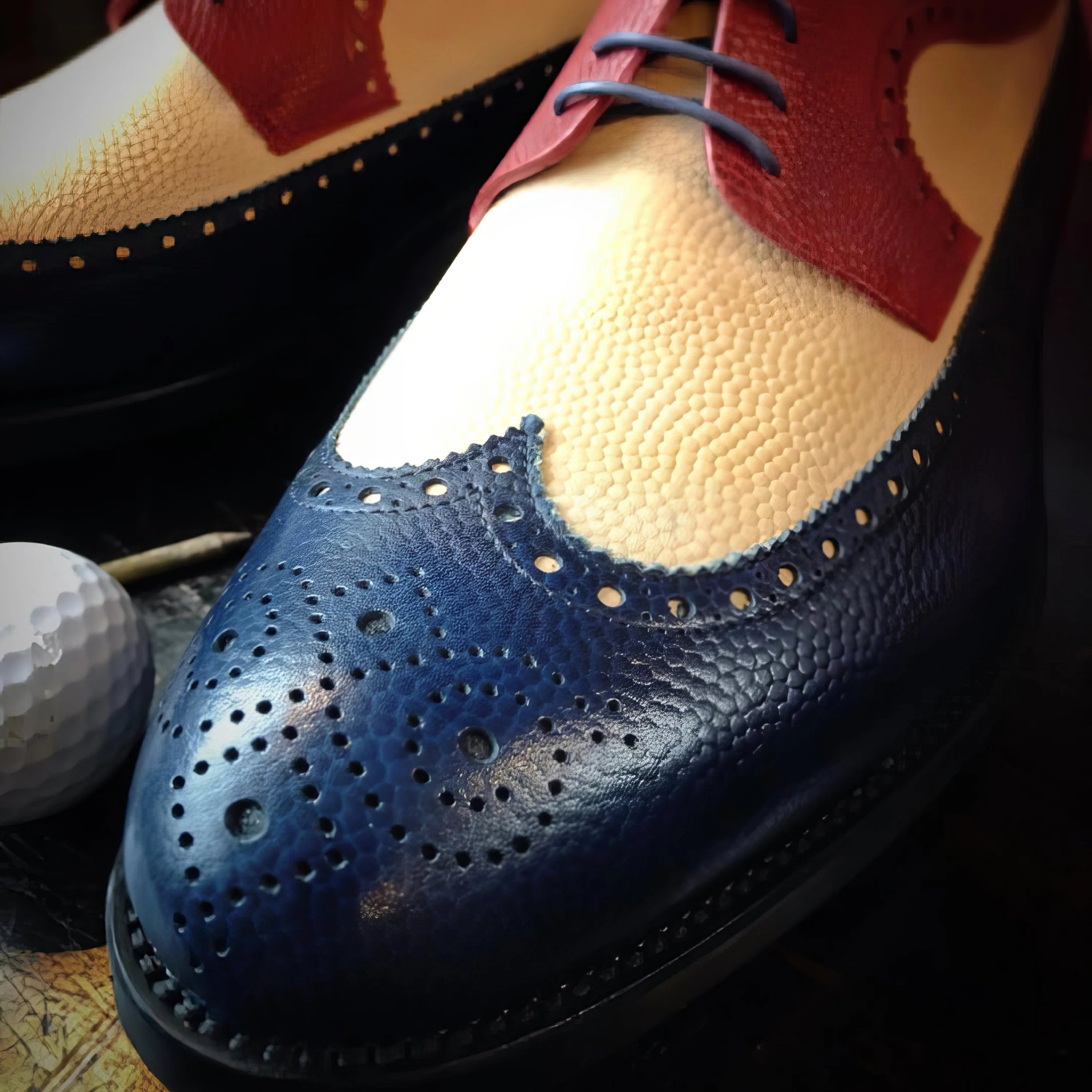 Navy Joseph longwing blucher golf shoe in pebble Italian leather