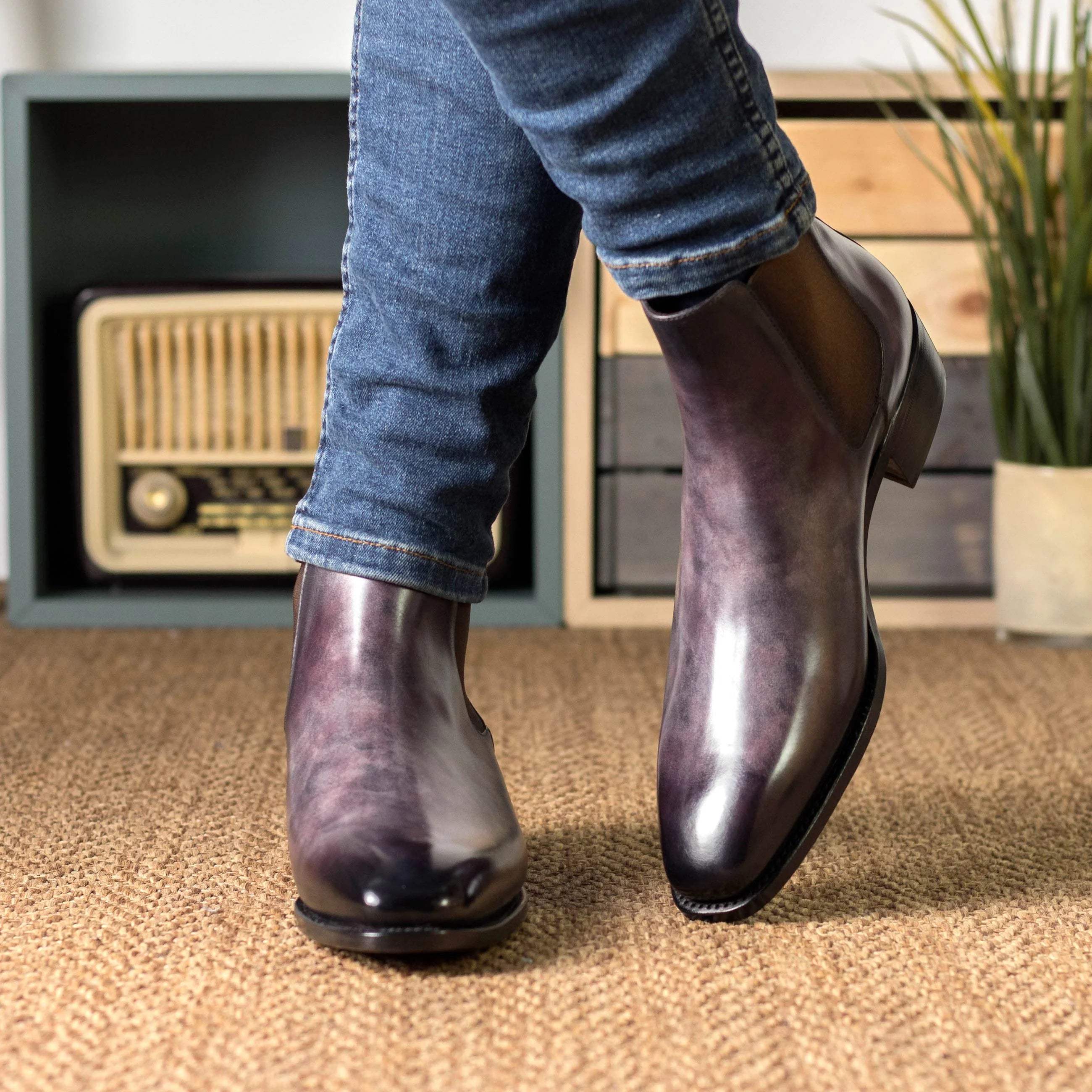 Winzlo patina Chelsea aubergine back view with Goodyear welt
