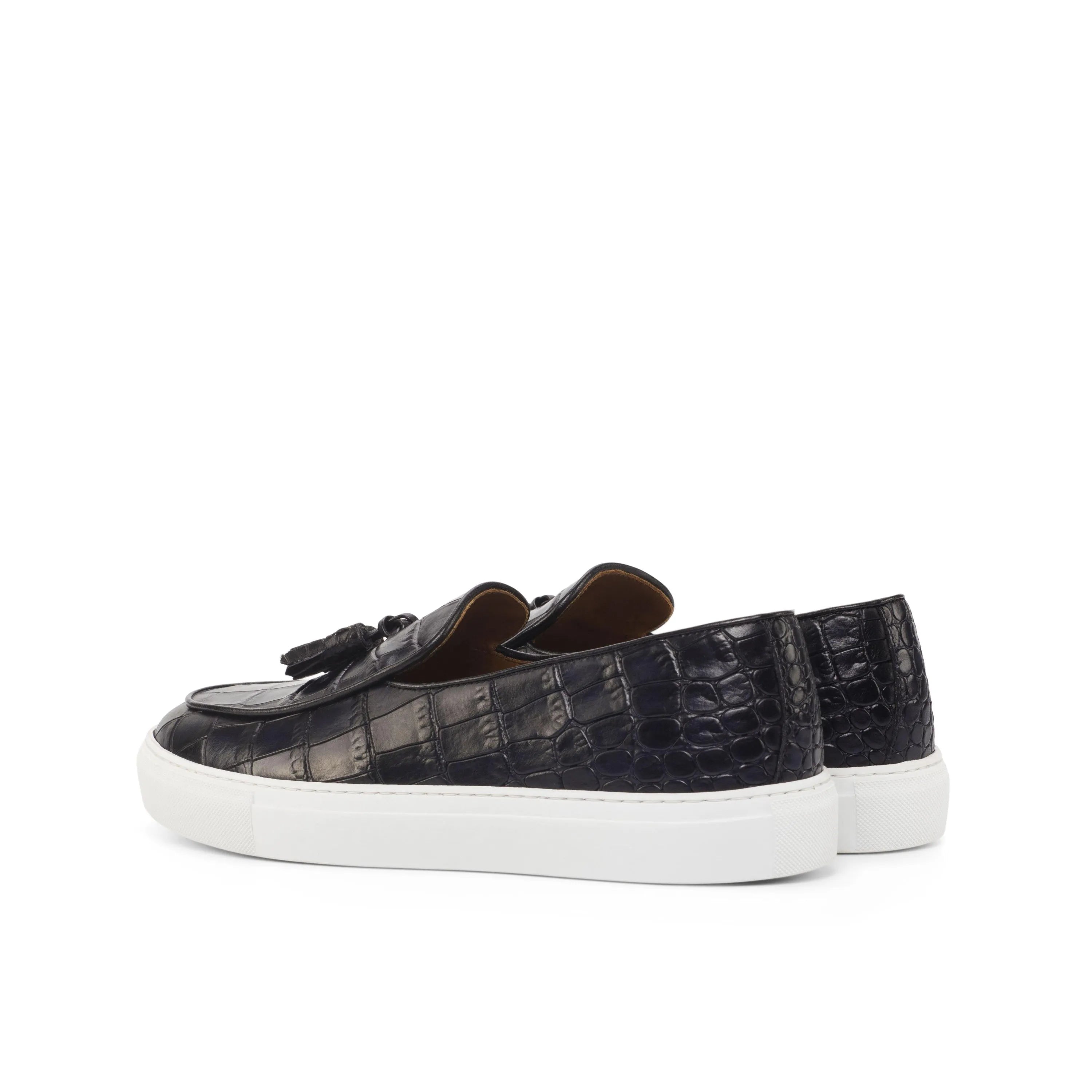 Xevia Belgian monk sneaker with black leather tassel loafers