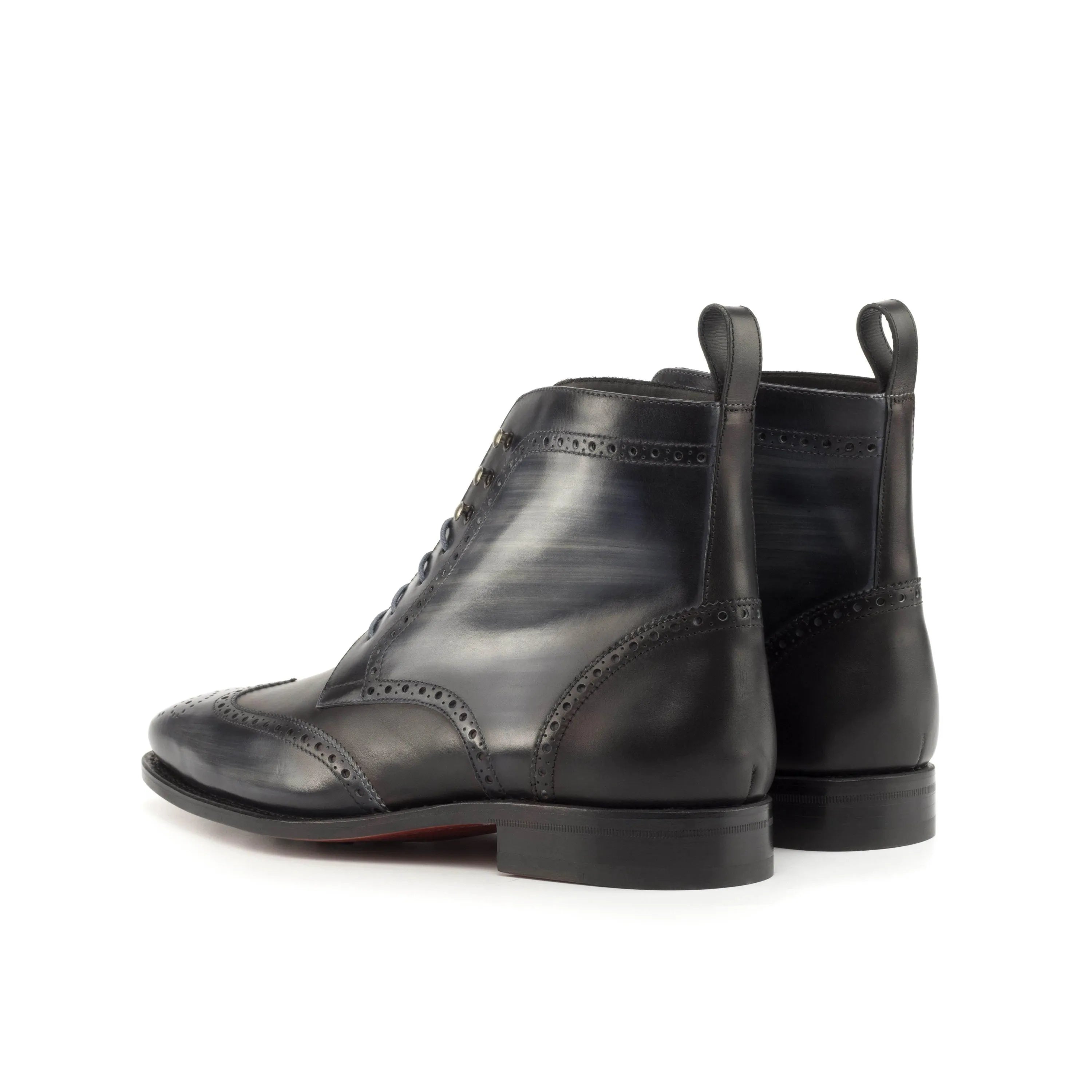 Zdan military brogue patina boots II in black leather wingtip