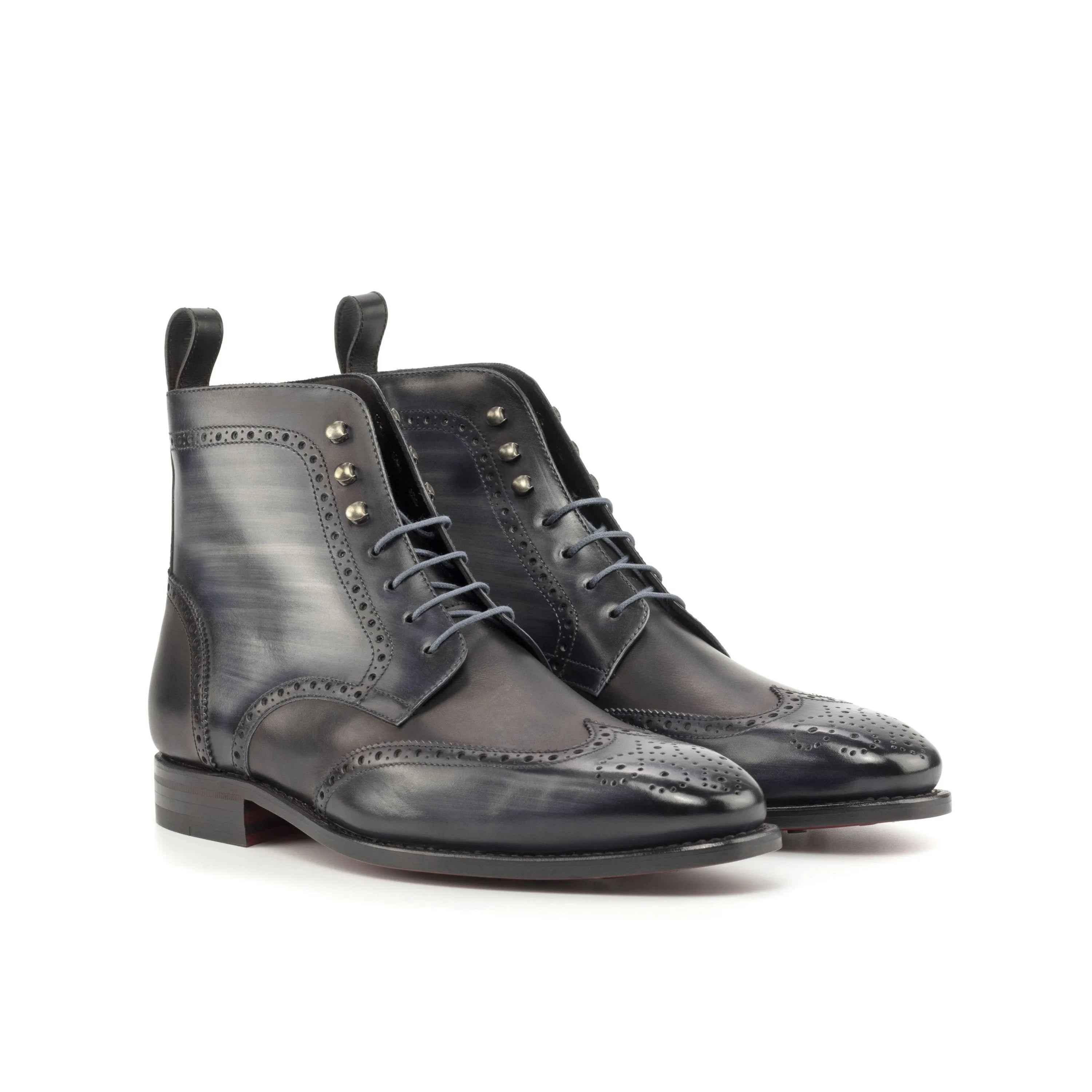 Zdan military brogue patina boots: pair of gray leather wingtip