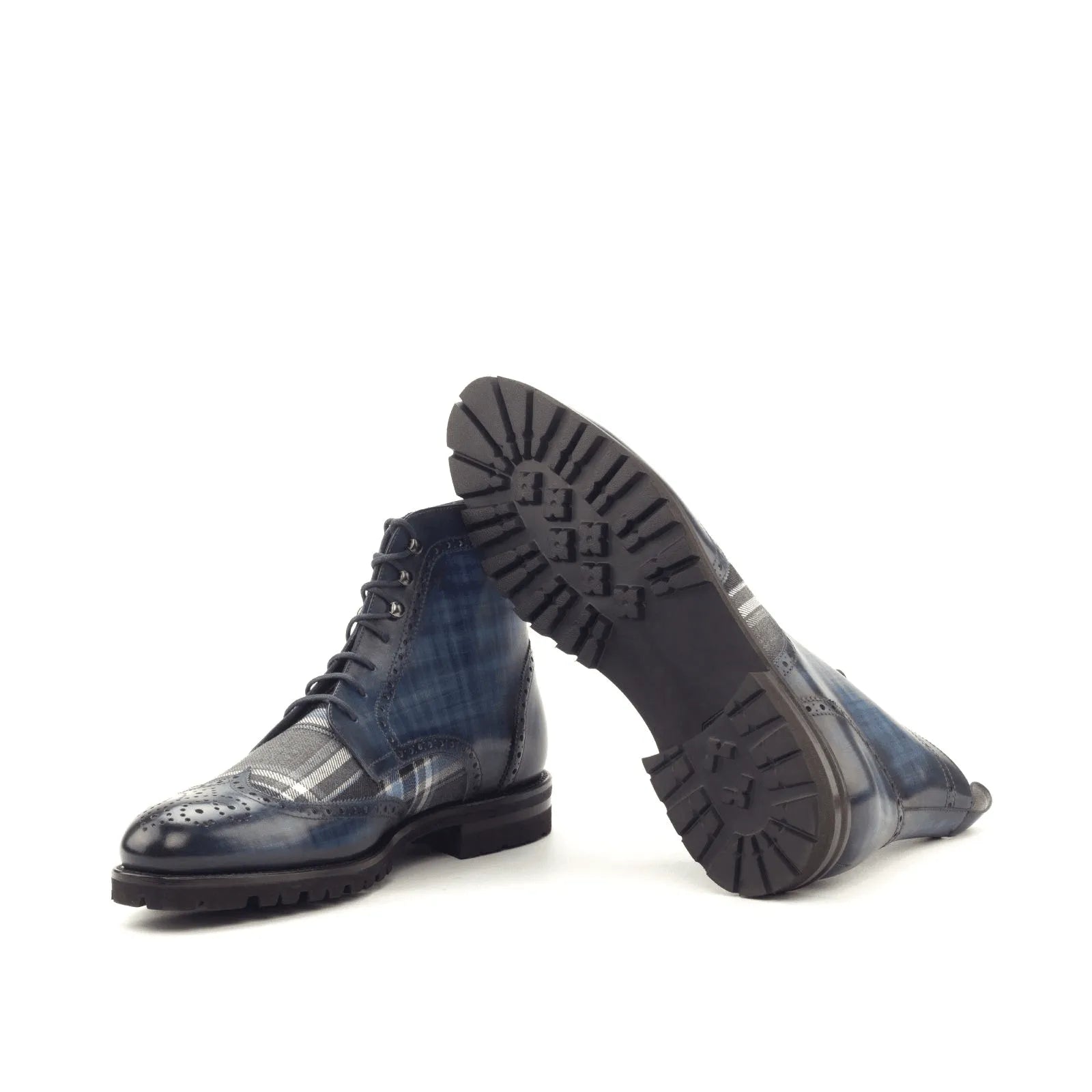 Zeno military brogue patina boots II in blue and plaid leather